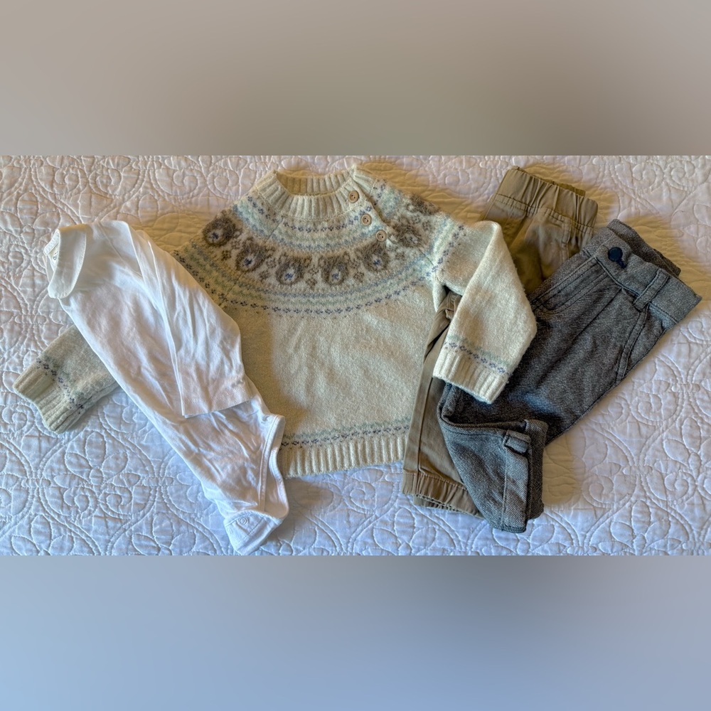 Baby Boy 4-piece set Tommy Bahama cozy ivory cream bear sweater Peter Pan collar